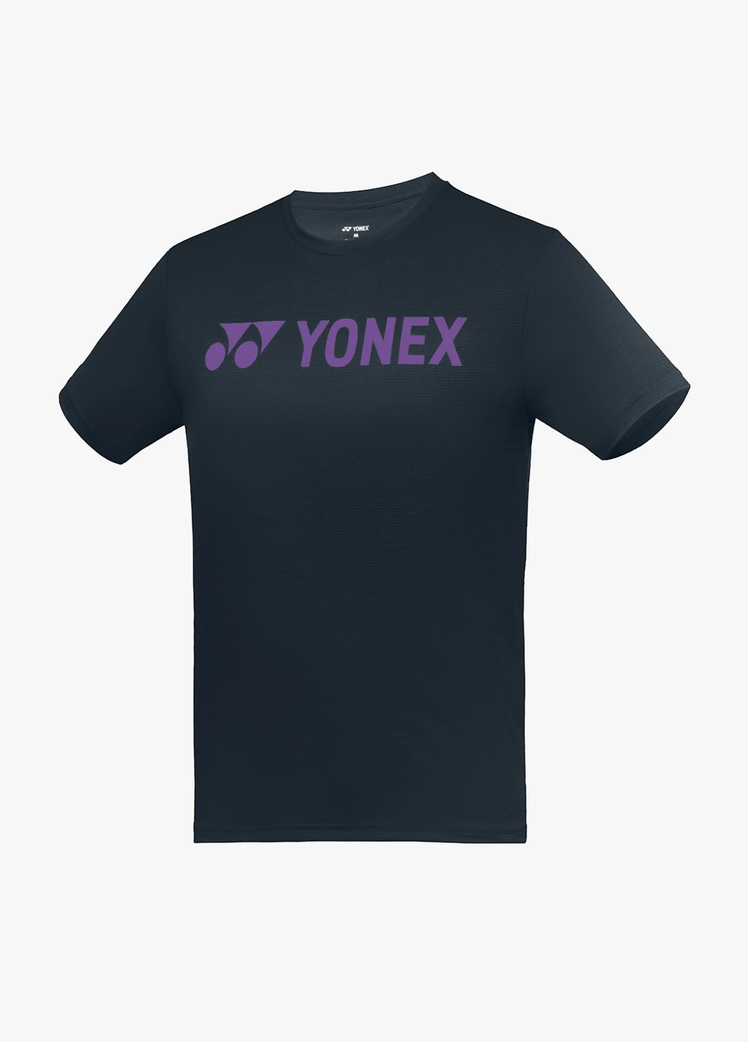 Áo cầu lông Yonex TRM3502 màu xám than đậm Odyssey Gray, logo YONEX chữ lớn màu tím in ngang ngực, cổ tròn
