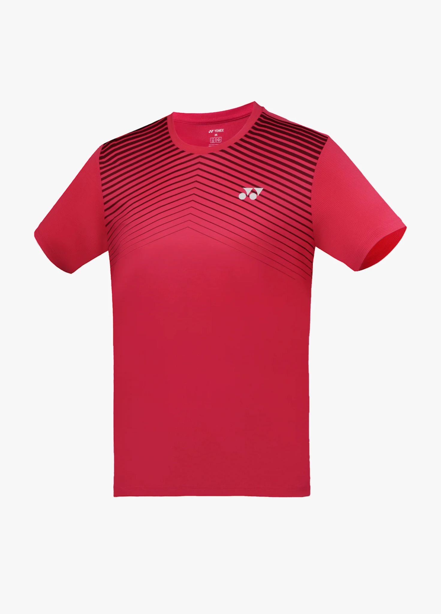 Áo cầu lông Yonex TRM3500 màu đỏ hồng Paradise Pink, họa tiết đường kẻ mảnh hình chữ V màu đen ở vai và ngực trên mờ dần xuống thân, logo Yonex trắng giữa ngực