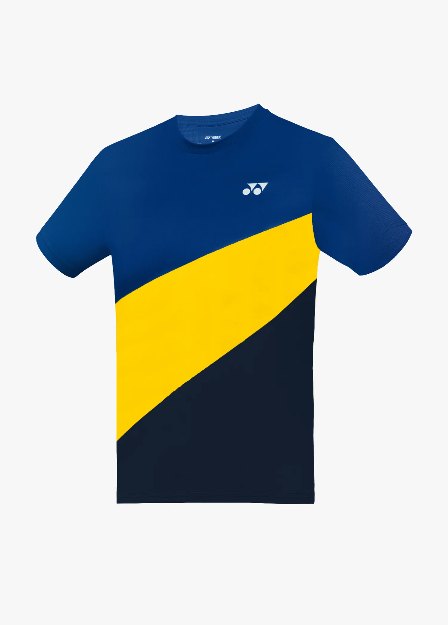 Áo cầu lông Yonex TRM3485 màu Princess Blue, thân chia ba mảng cắt chéo xanh cobalt ở trên, dải vàng ở giữa, navy đen ở dưới