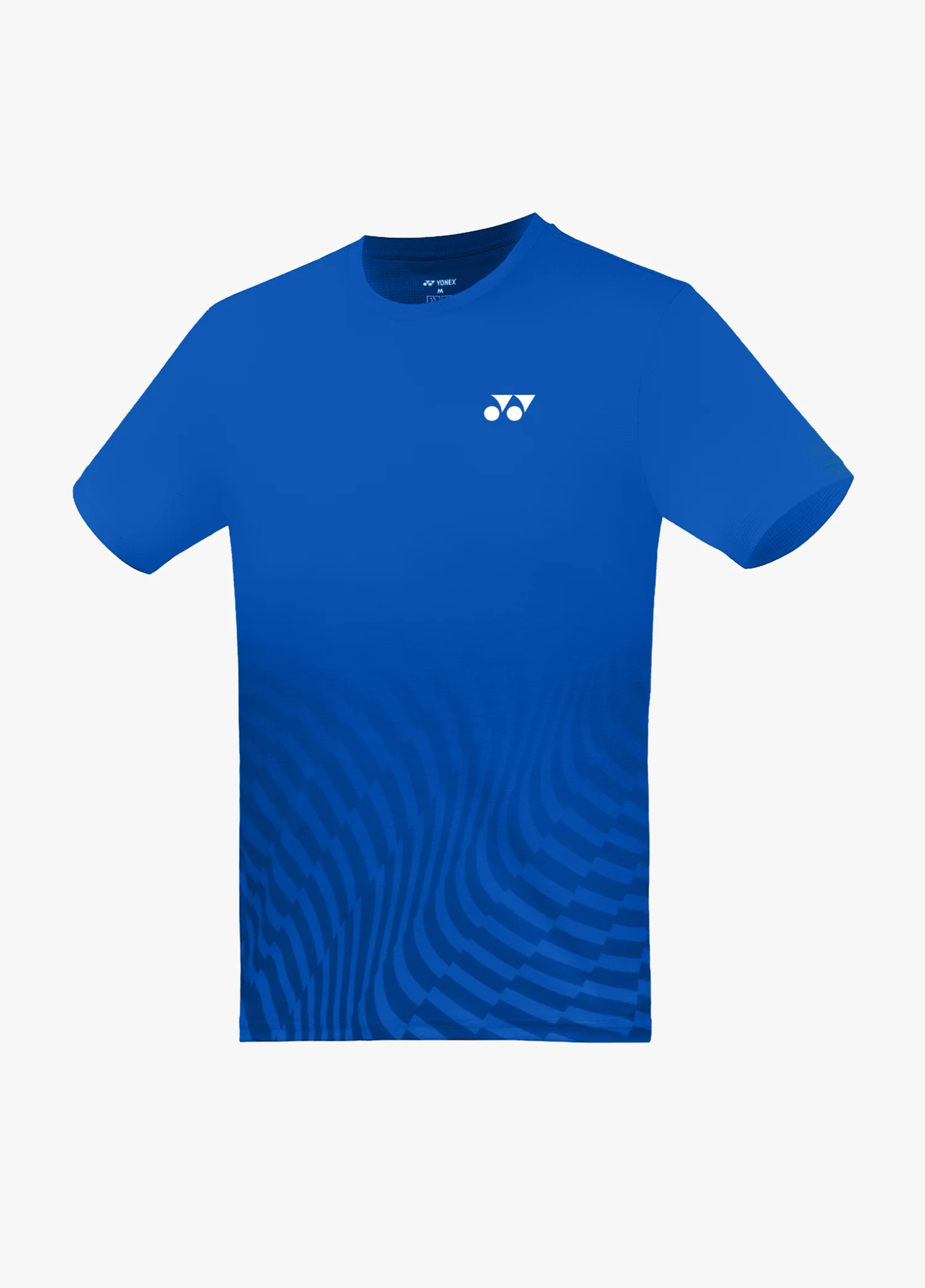 Áo cầu lông Yonex TRM3498 màu xanh dương Princess Blue, thân trên trơn, họa tiết vân sóng cùng tông nổi dần từ ngang bụng xuống gấu áo, logo Yonex trắng giữa ngực, cổ tròn
