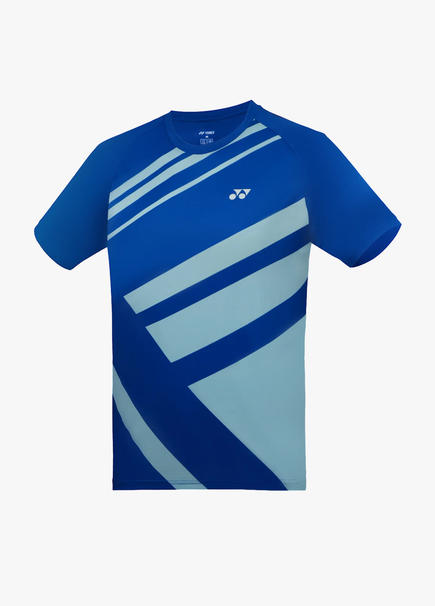 Áo cầu lông Yonex TRM3499 màu xanh dương sáng Princess Blue, các dải băng chéo bản lớn màu xanh nhạt và navy đan nhau phủ thân trước, tay raglan, logo Yonex trắng giữa ngực