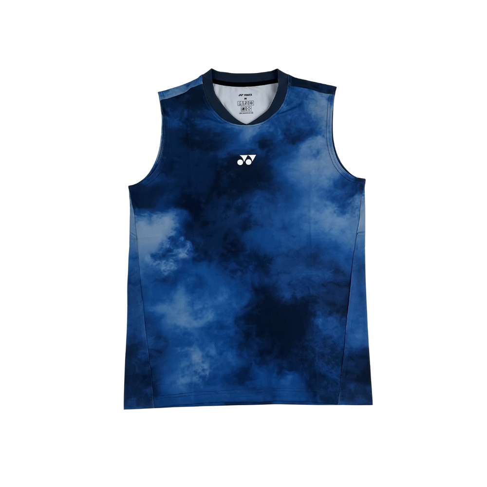 Áo cầu lông Yonex TRM3329 sát nách màu Deep Water xanh dương họa tiết loang khói, logo Yonex trắng giữa ngực