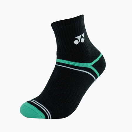 Vớ cầu lông Yonex SKSM12101MP8 cổ 12cm màu đen, có đai xanh ngọc và trắng quanh vòm bàn chân, mũi gia cố màu xanh ngọc, logo Yonex trắng ở mắt cá