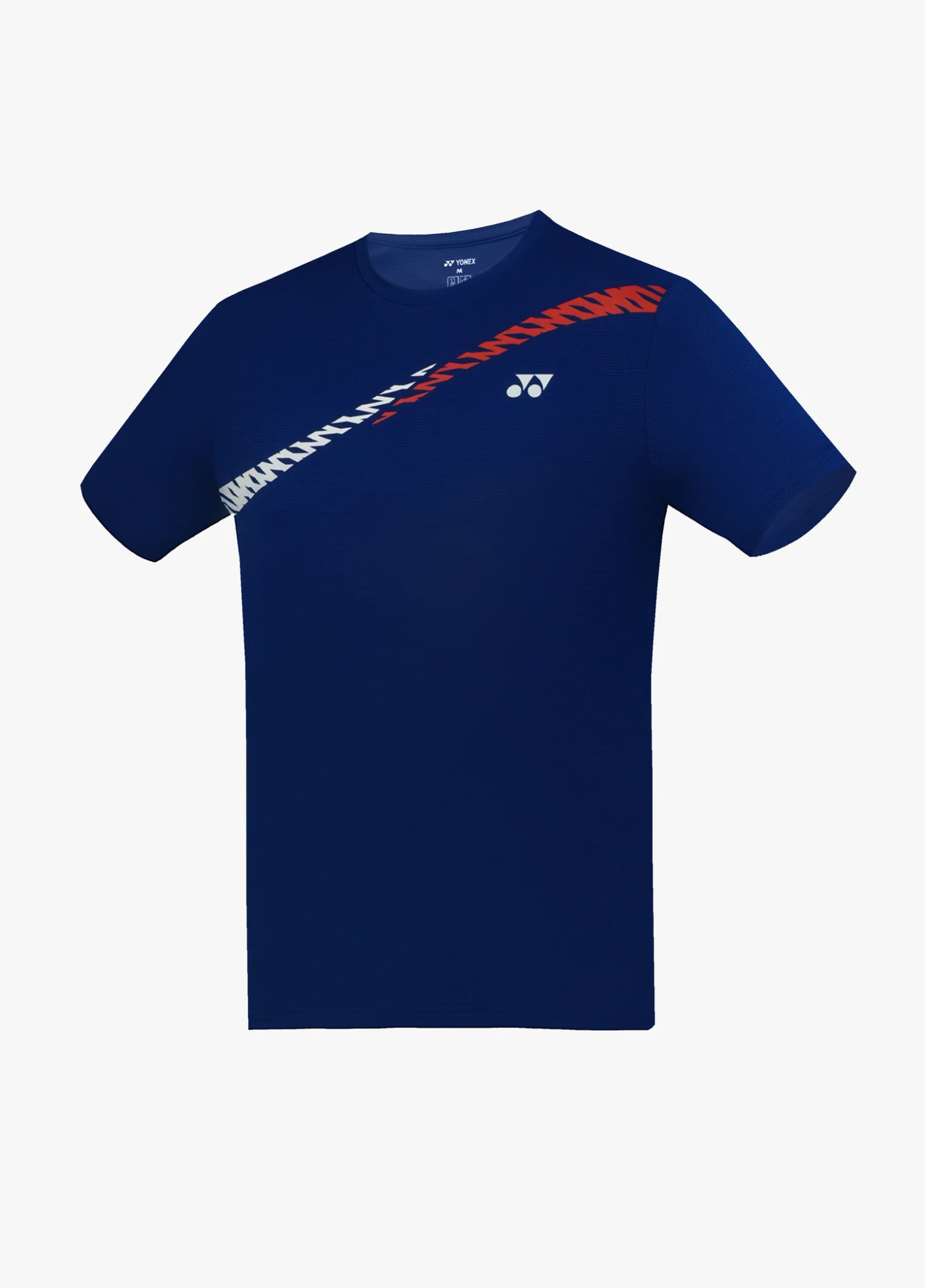 Áo cầu lông Yonex TRM3494 màu Sodalite Blue xanh navy đậm, dải chữ YONEX trắng phối đỏ chạy chéo từ vai trái xuống ngực, logo Yonex trắng