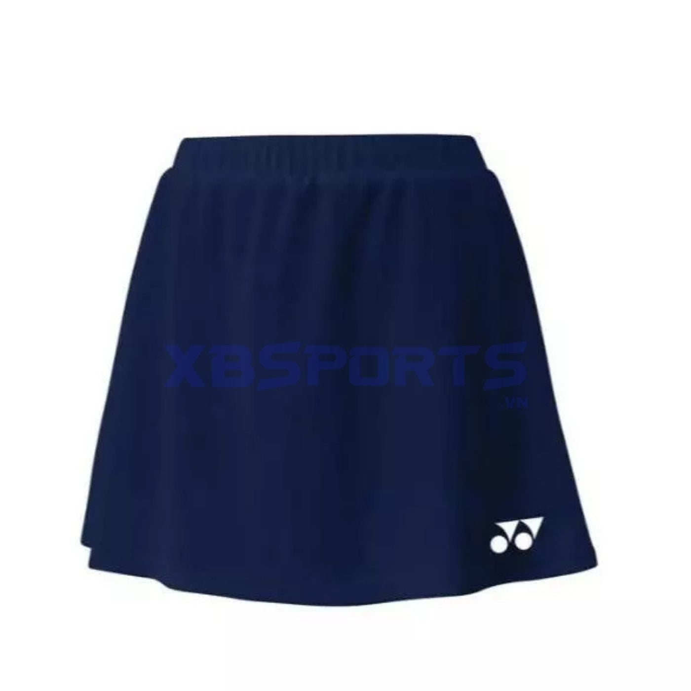Váy cầu lông dáng chữ A màu xanh navy đậm, cạp chun bản rộng, thân váy trơn xòe nhẹ, logo Yonex màu trắng ở góc dưới bên phải