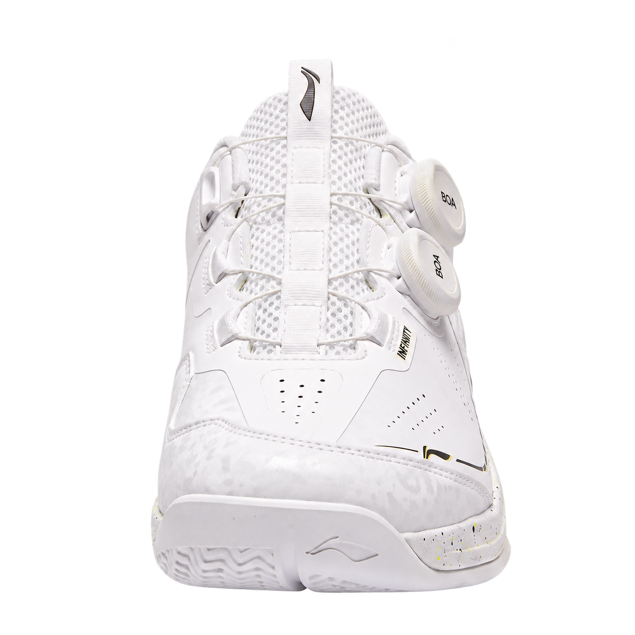 Giày cầu lông Lining Thunder II Max BOA 2026 nhìn chính diện, phần cổ giày dệt, hai núm BOA trắng, thân trắng