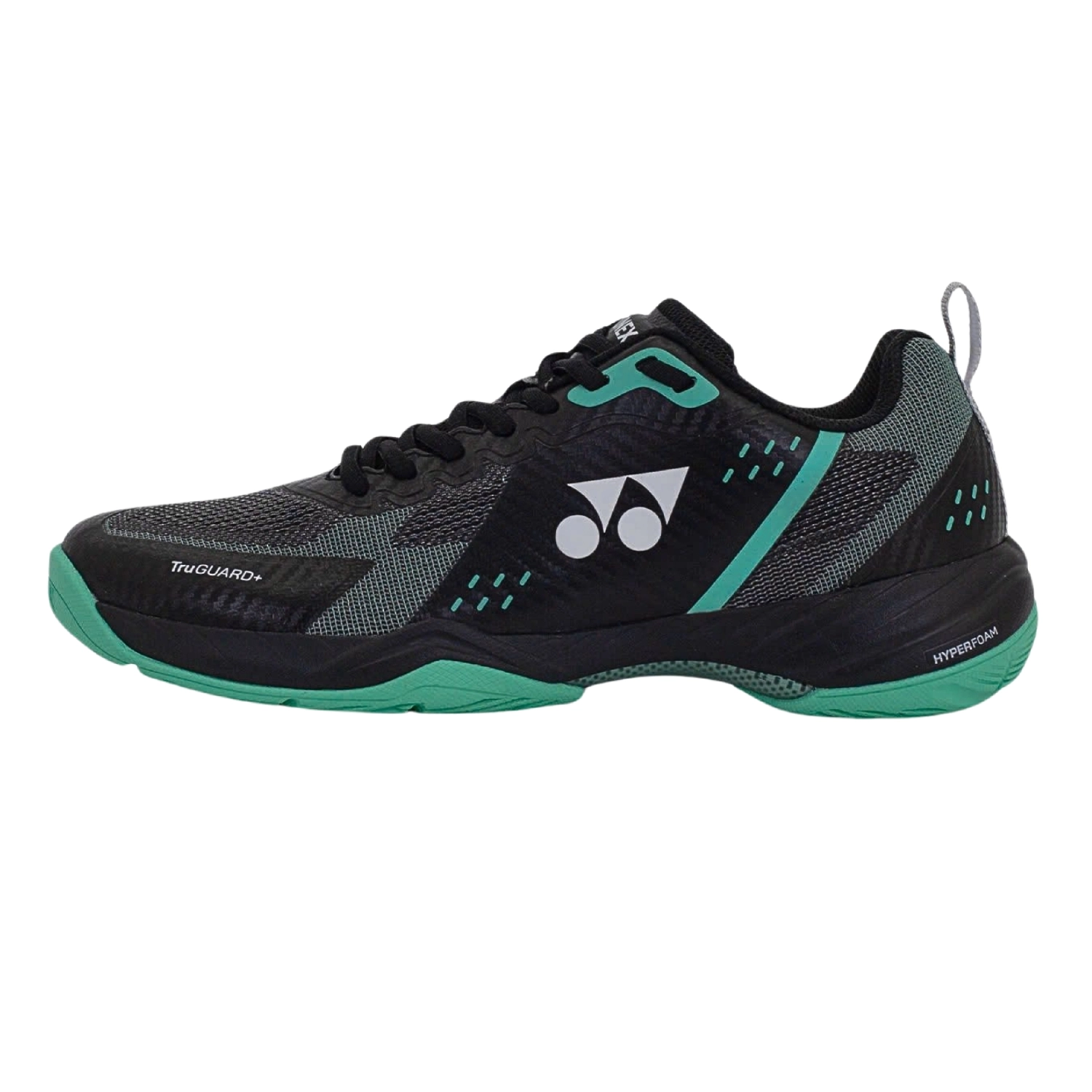 Giày cầu lông Yonex Hyperboom màu đen phối xanh ngọc, thân lưới dệt đen, logo YY trắng, chữ TruGUARD+ ở mũi và HYPERFOAM ở đế giữa, đế ngoài xanh ngọc