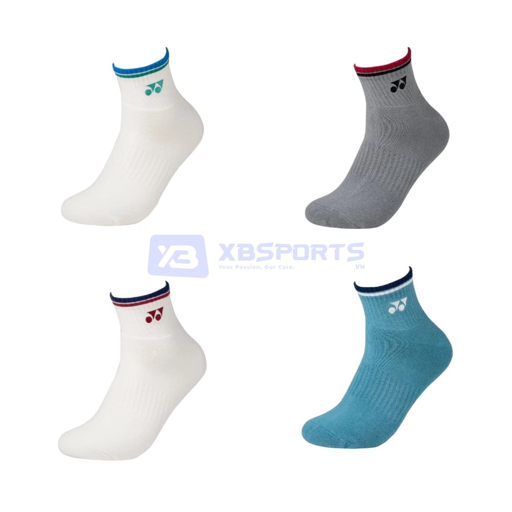 Vớ cầu lông Yonex SKSL1086ZMP6 cổ 10cm, bốn đôi màu trắng viền xanh ngọc, xám viền đỏ, trắng viền đỏ xanh và xanh ngọc lam viền xanh navy, thân vớ dệt gân dọc, logo Yonex ở mắt cá