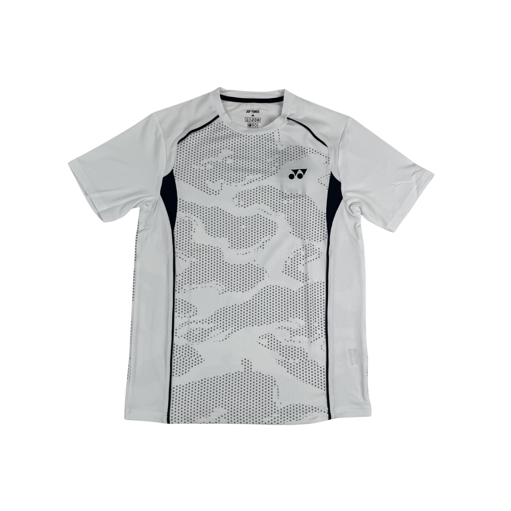 Áo cầu lông Yonex TRM3319 ngắn tay màu trắng, họa tiết camo chấm bi xám giữa thân, cổ tròn, logo Yonex đen