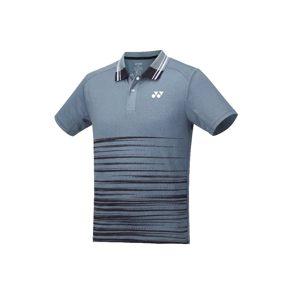 Áo polo cầu lông Yonex TPM3330 màu Neutral Gray xám xanh, cổ bẻ dệt kẻ trắng đen, nửa dưới thân sọc ngang chuyển đậm dần, logo Yonex ngực trái