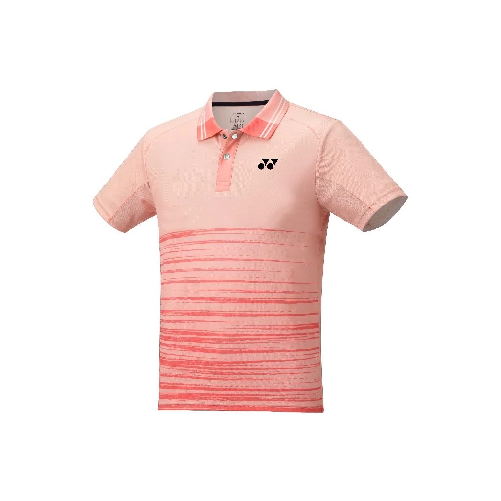 Áo polo cầu lông Yonex TPM3330 màu Peach Nectar cam đào, sọc ngang đỏ cam ở nửa dưới thân, cổ bẻ trắng