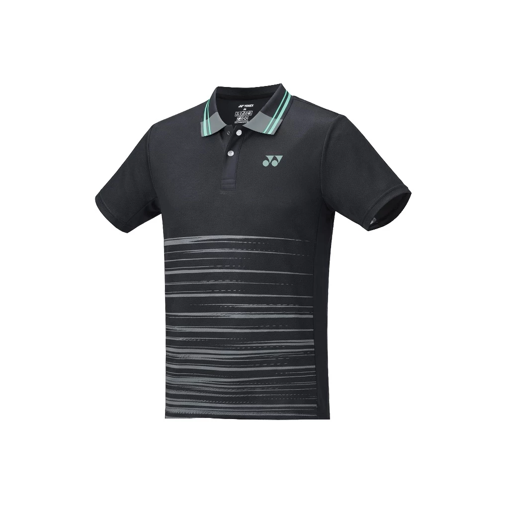 Áo polo cầu lông Yonex TPM3330 màu Black đen, cổ bẻ viền xanh mint, sọc ngang trắng mảnh ở nửa dưới thân