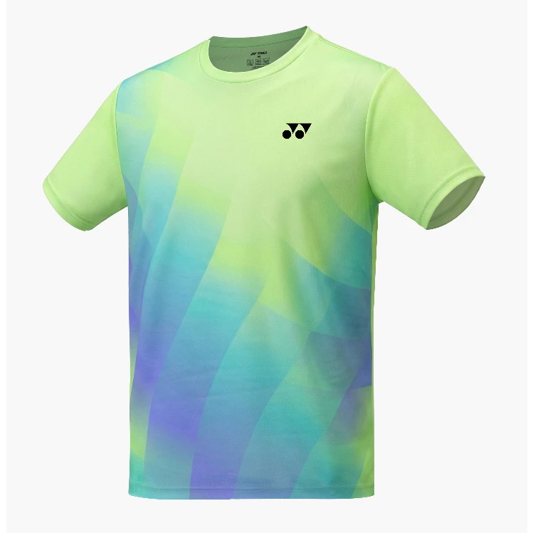 Áo cầu lông Yonex TRM3513 màu Paradise Green, áo thun cổ tròn nền xanh nõn chuối với họa tiết chuyển sắc xanh ngọc và tím dạng dải chéo ở thân dưới, logo YY màu đen ở ngực trái