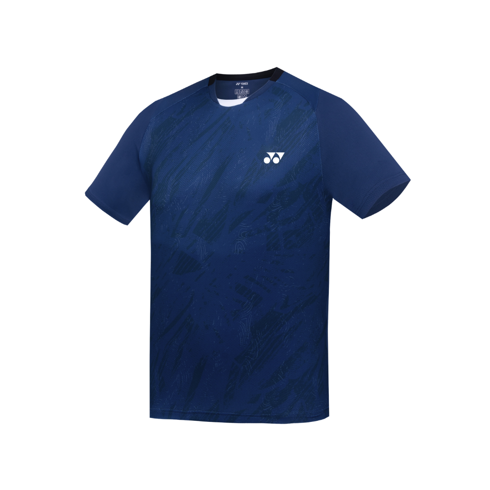 Áo cầu lông Yonex TRM3314 ngắn tay màu Mood Indigo xanh navy, họa tiết chìm tone-sur-tone, mặt trước góc nghiêng, logo Yonex trắng