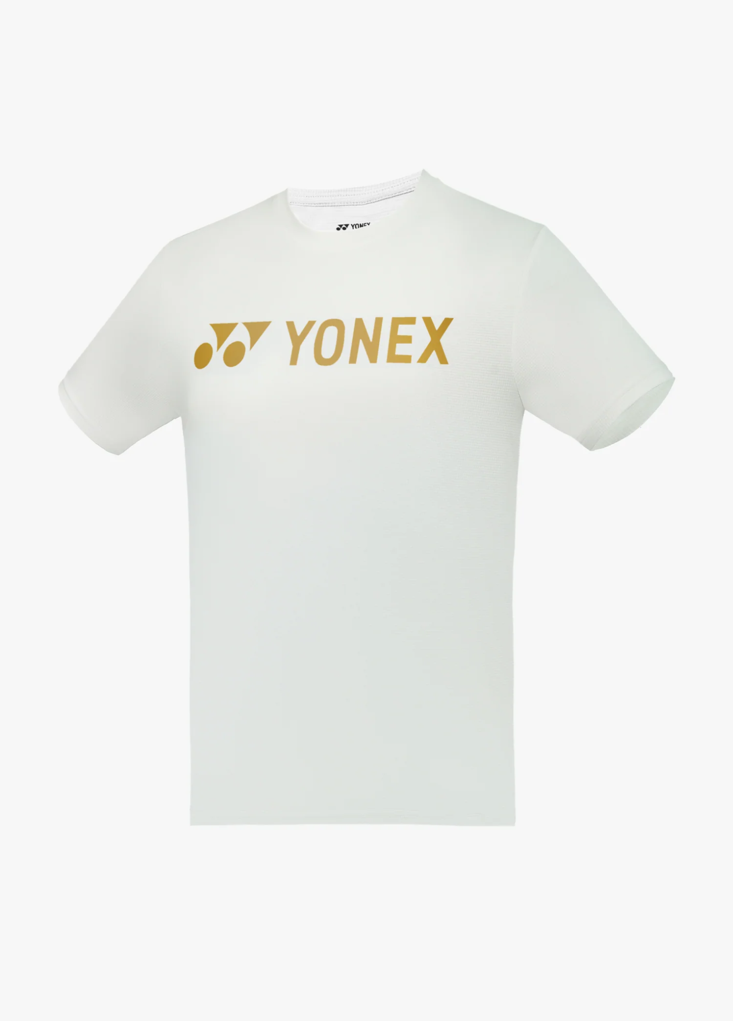 Áo cầu lông Yonex TRM3502 màu trắng trơn, logo YONEX chữ lớn màu vàng đồng in ngang ngực, cổ tròn