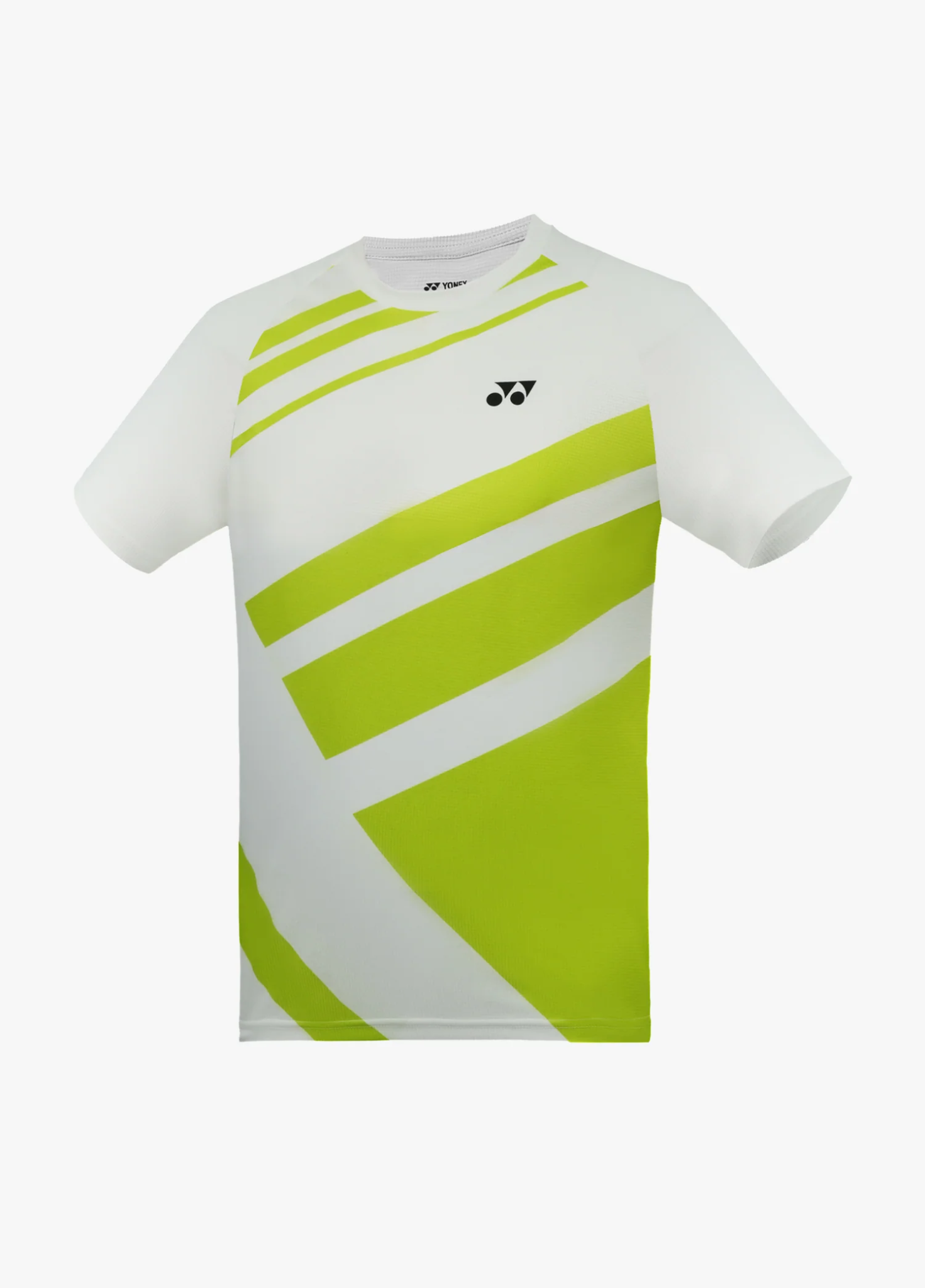 Áo cầu lông Yonex TRM3499 màu trắng, các dải băng chéo bản lớn màu xanh chanh đan nhau phủ thân trước, tay raglan, logo Yonex đen giữa ngực, cổ tròn
