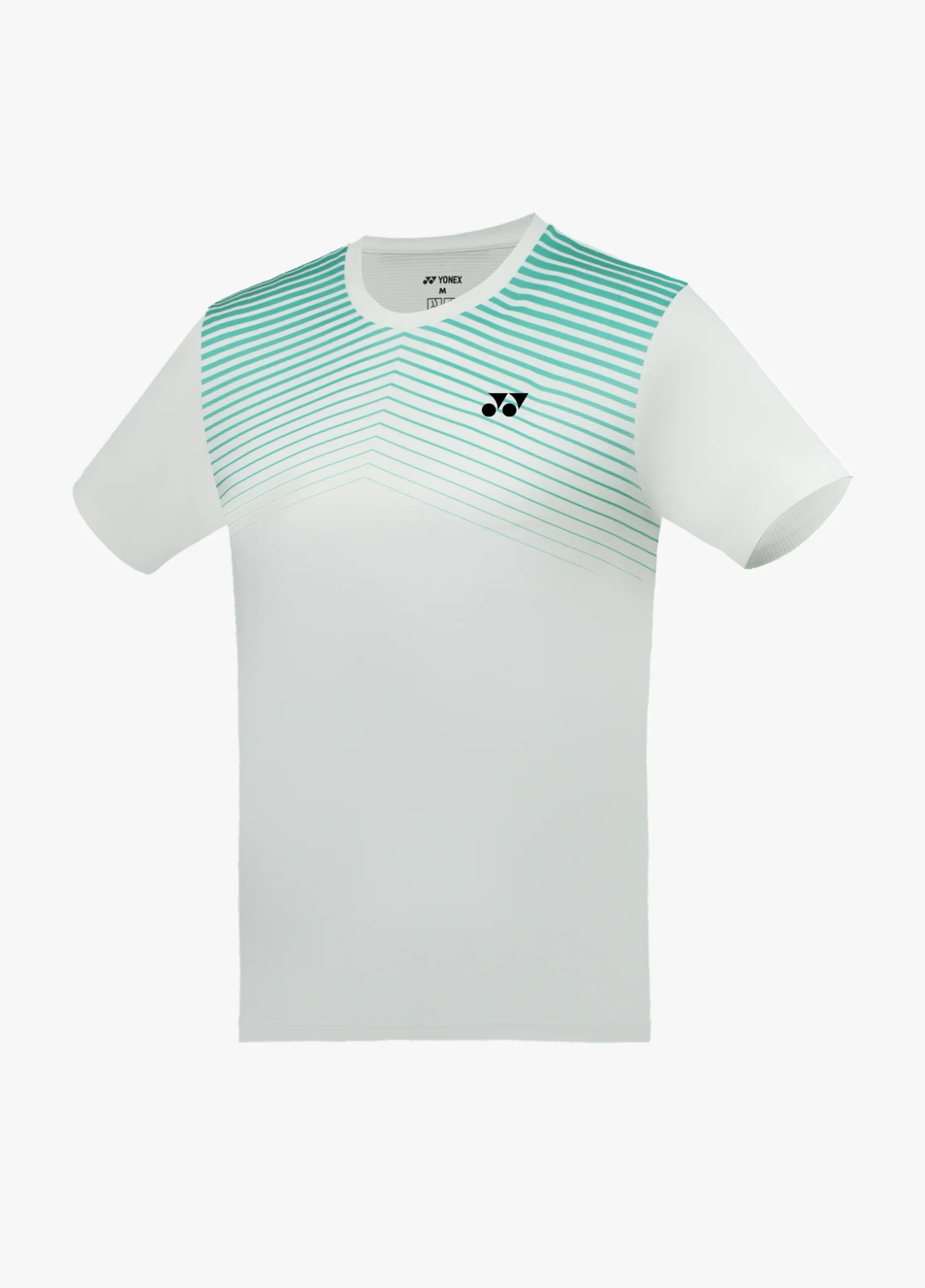 Áo cầu lông Yonex TRM3500 màu trắng, họa tiết đường kẻ mảnh hình chữ V màu xanh ngọc ở vai và ngực trên mờ dần xuống thân, logo Yonex đen giữa ngực, cổ tròn