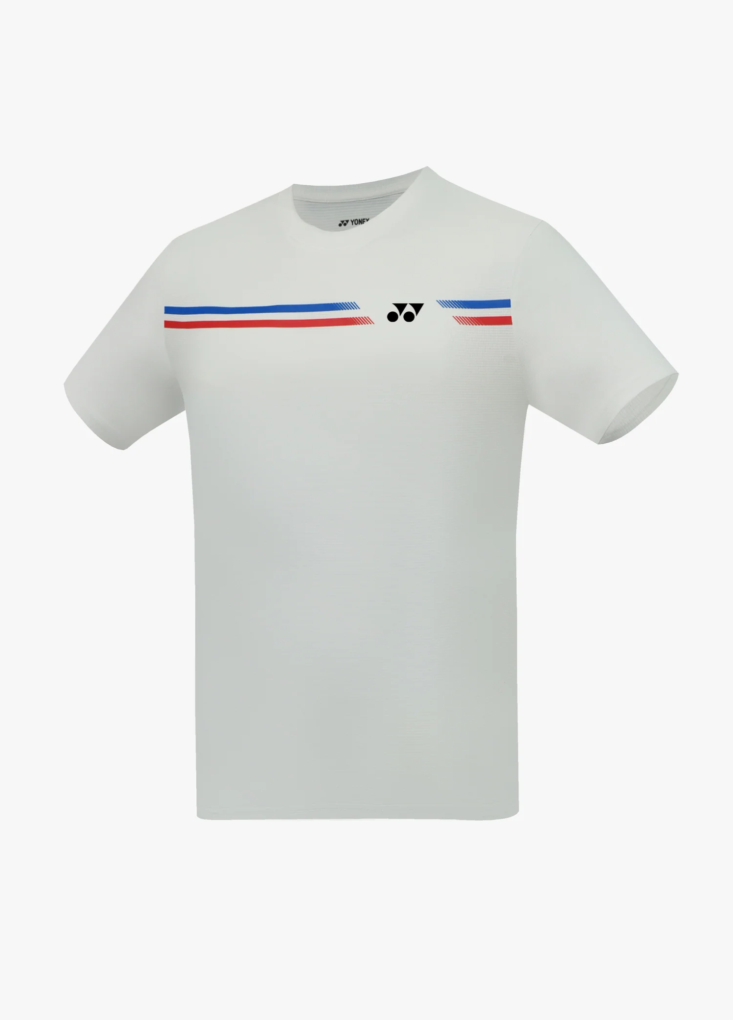 Áo cầu lông Yonex TRM3493 màu trắng, hai đường sọc ngang đỏ và xanh navy chạy qua ngực ngắt ở logo Yonex đen