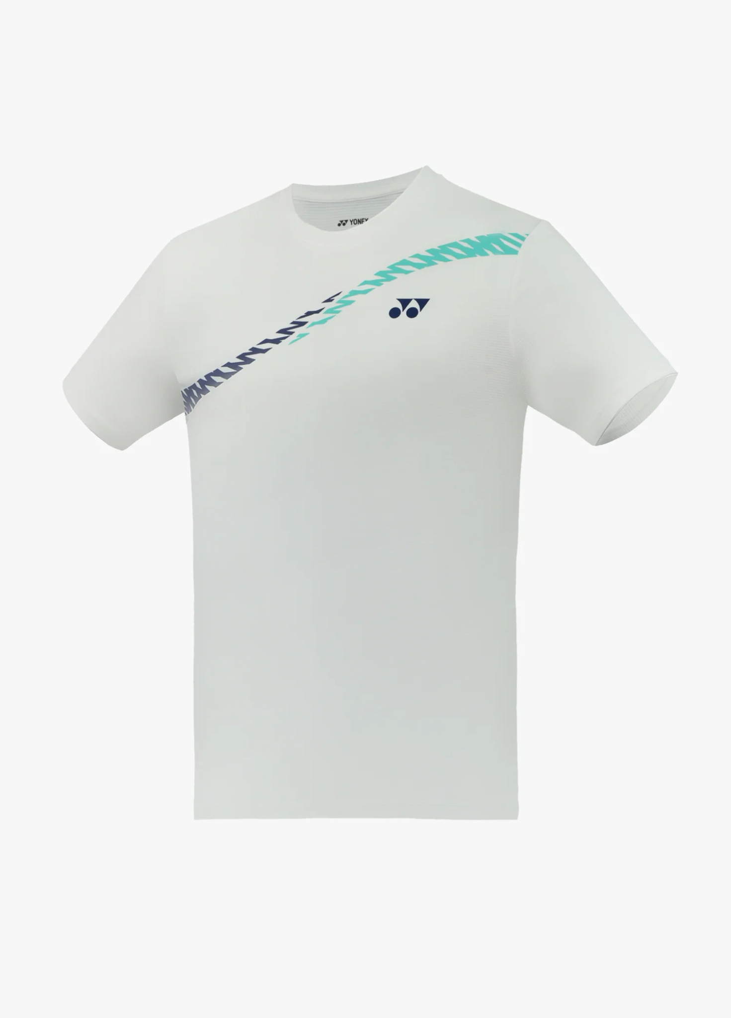 Áo cầu lông Yonex TRM3494 màu trắng, dải chữ YONEX xám phối xanh ngọc mint chạy chéo từ vai trái xuống ngực