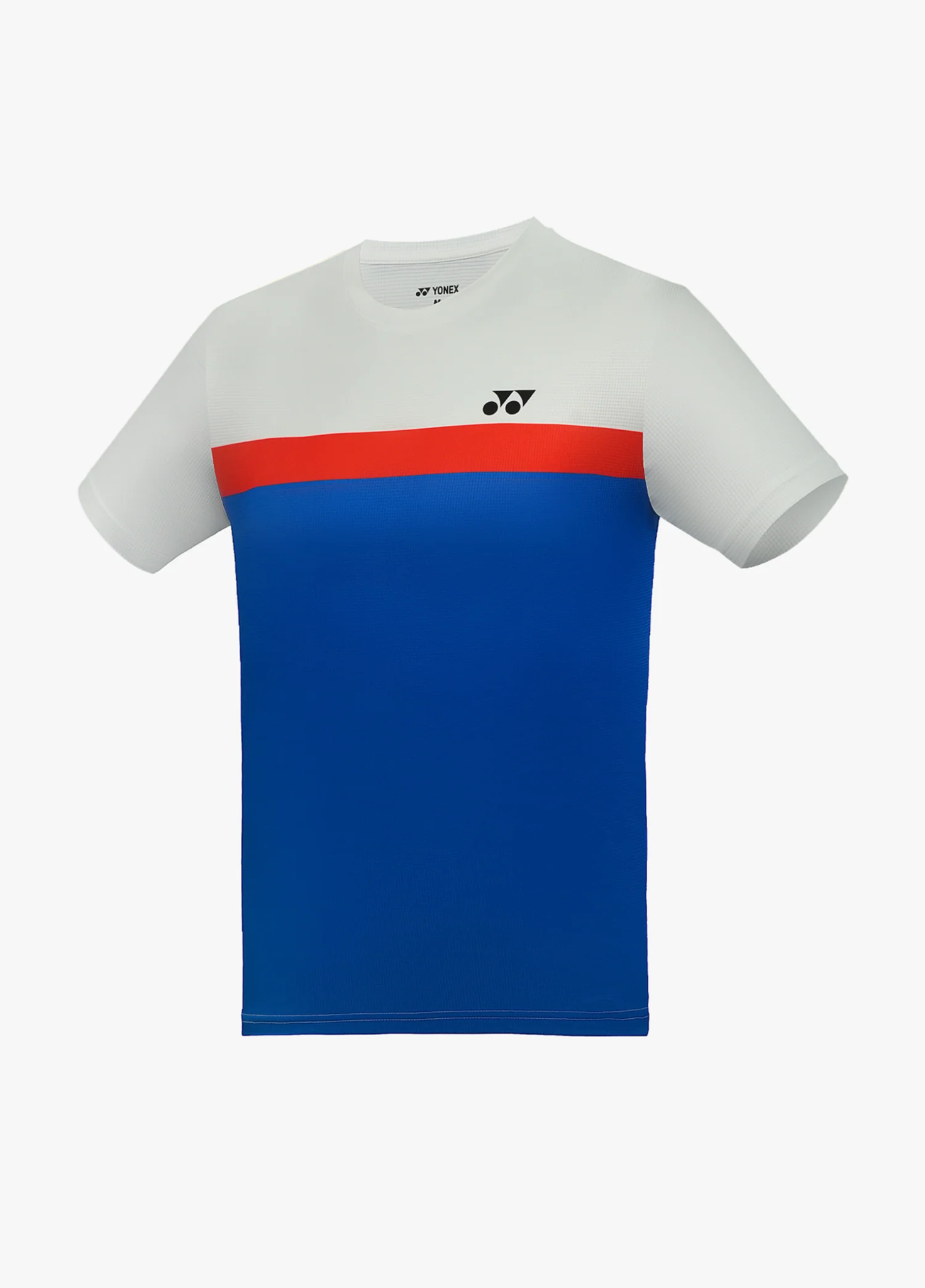 Áo cầu lông Yonex TRM3480 màu trắng, tầng trên trắng, dải ngang đỏ qua ngực, tầng dưới xanh cobalt