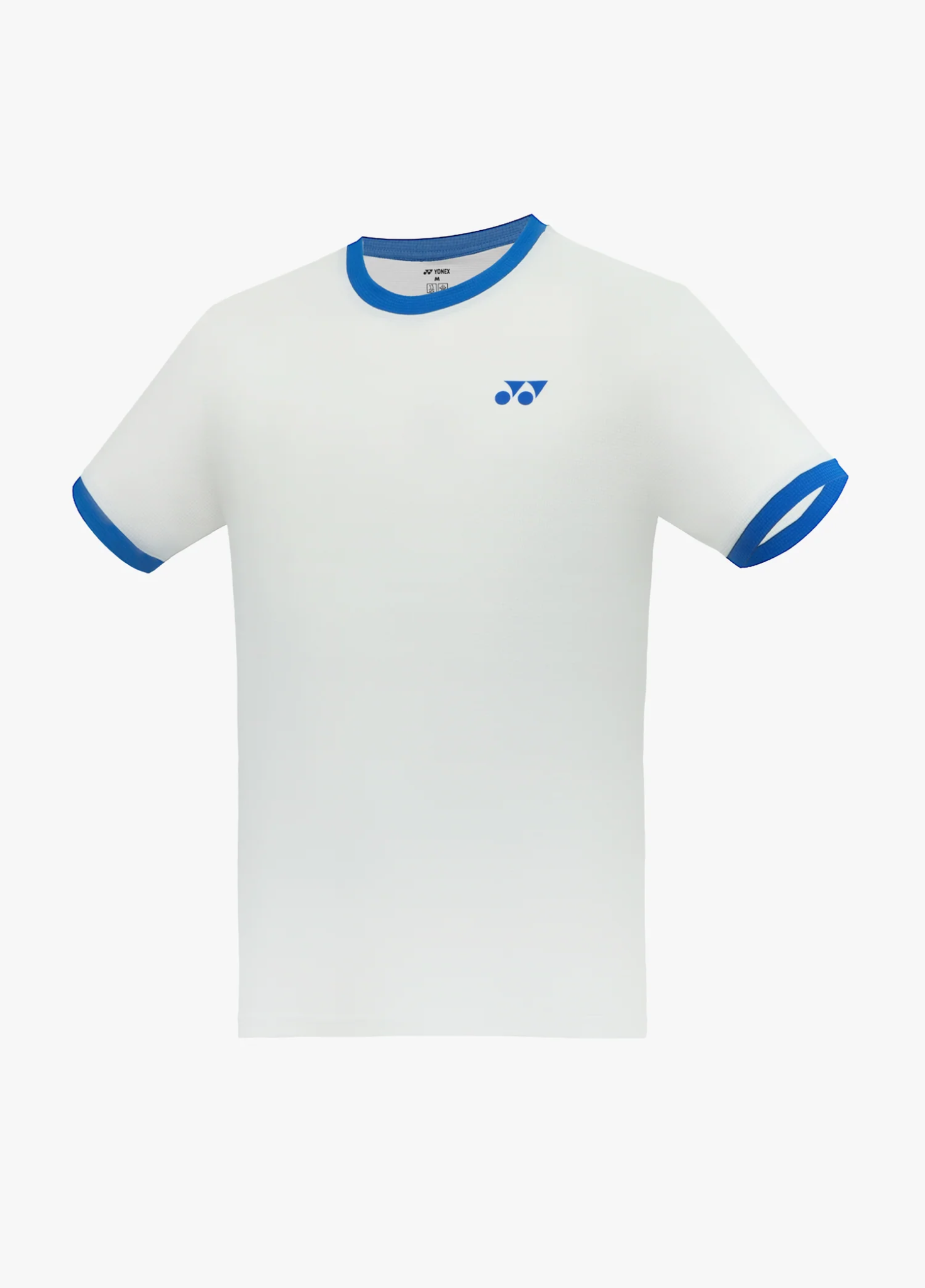 Áo cầu lông Yonex TRM3490 màu trắng, thân trơn cổ tròn, bo cổ và bo cửa tay xanh dương cobalt, logo Yonex xanh dương ngực trái