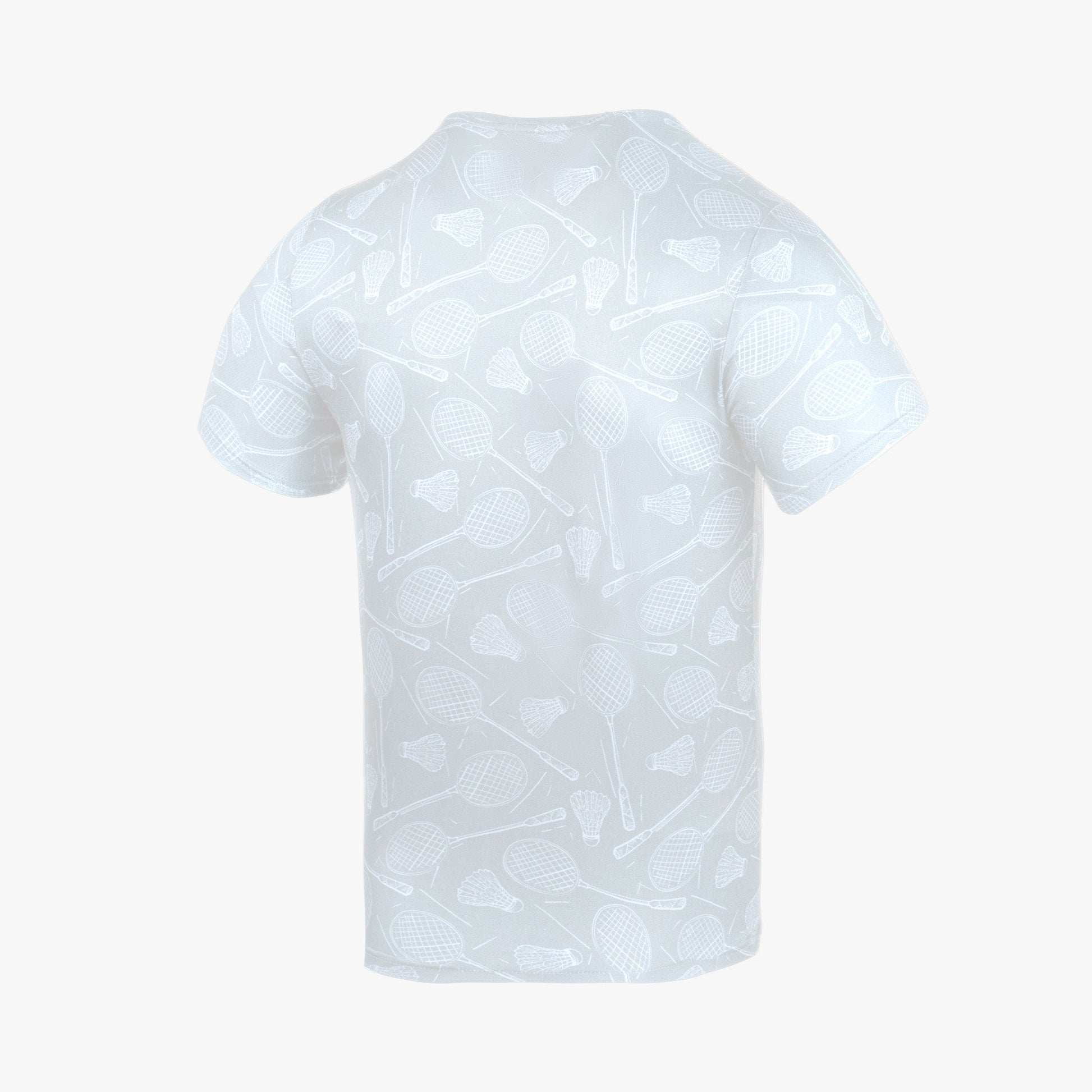 Mặt sau áo cầu lông Yonex RM-J035-3074-RW2-S màu trắng, họa tiết vẽ vợt cầu lông và quả cầu in chìm cùng tông trắng phủ kín toàn bộ lưng áo, không để trơn