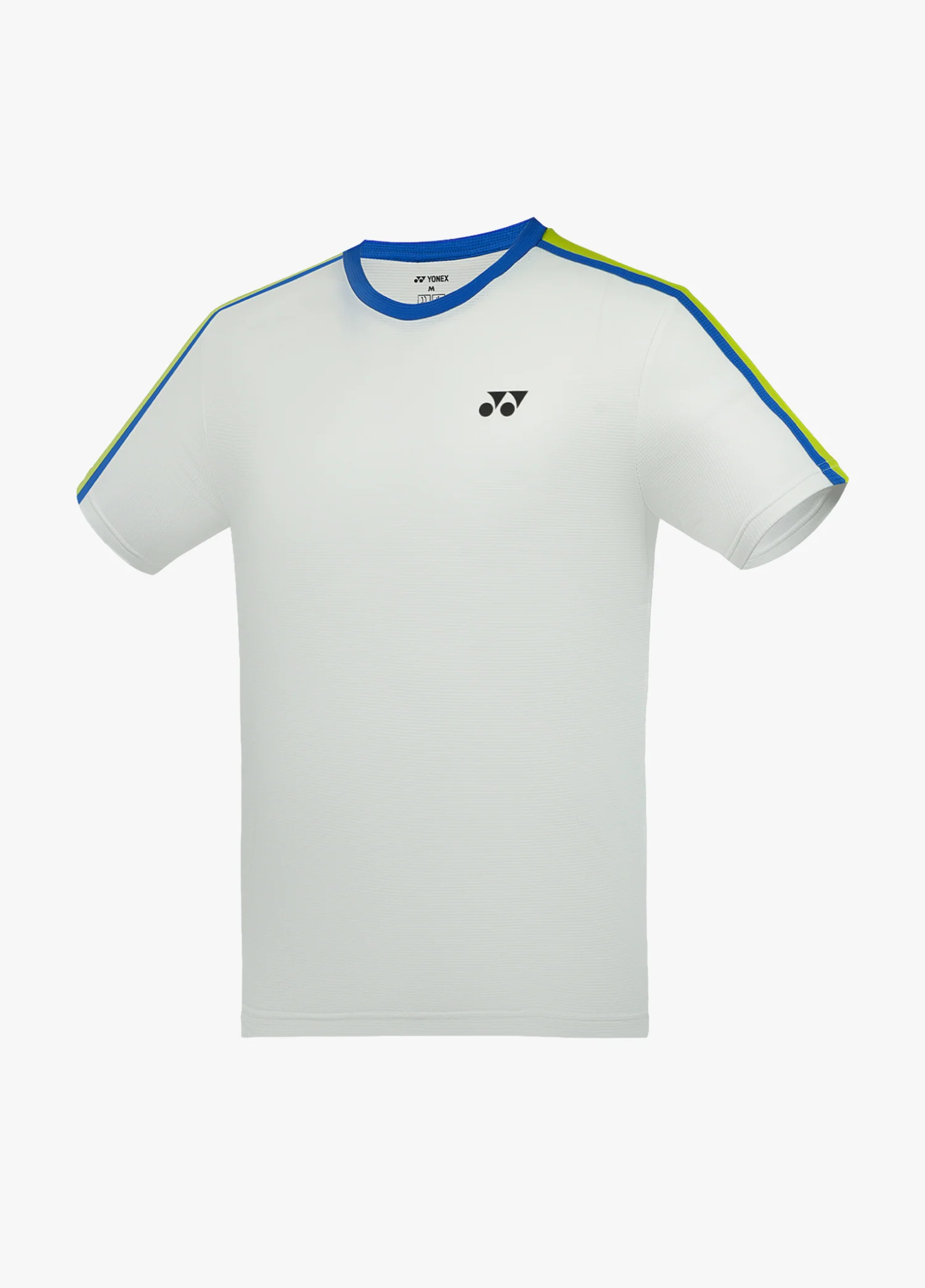 Áo cầu lông Yonex TRM3488 màu trắng, thân trơn cổ tròn, bo cổ và dải viền xanh cobalt phối xanh lá chạy từ cổ dọc vai xuống tay áo