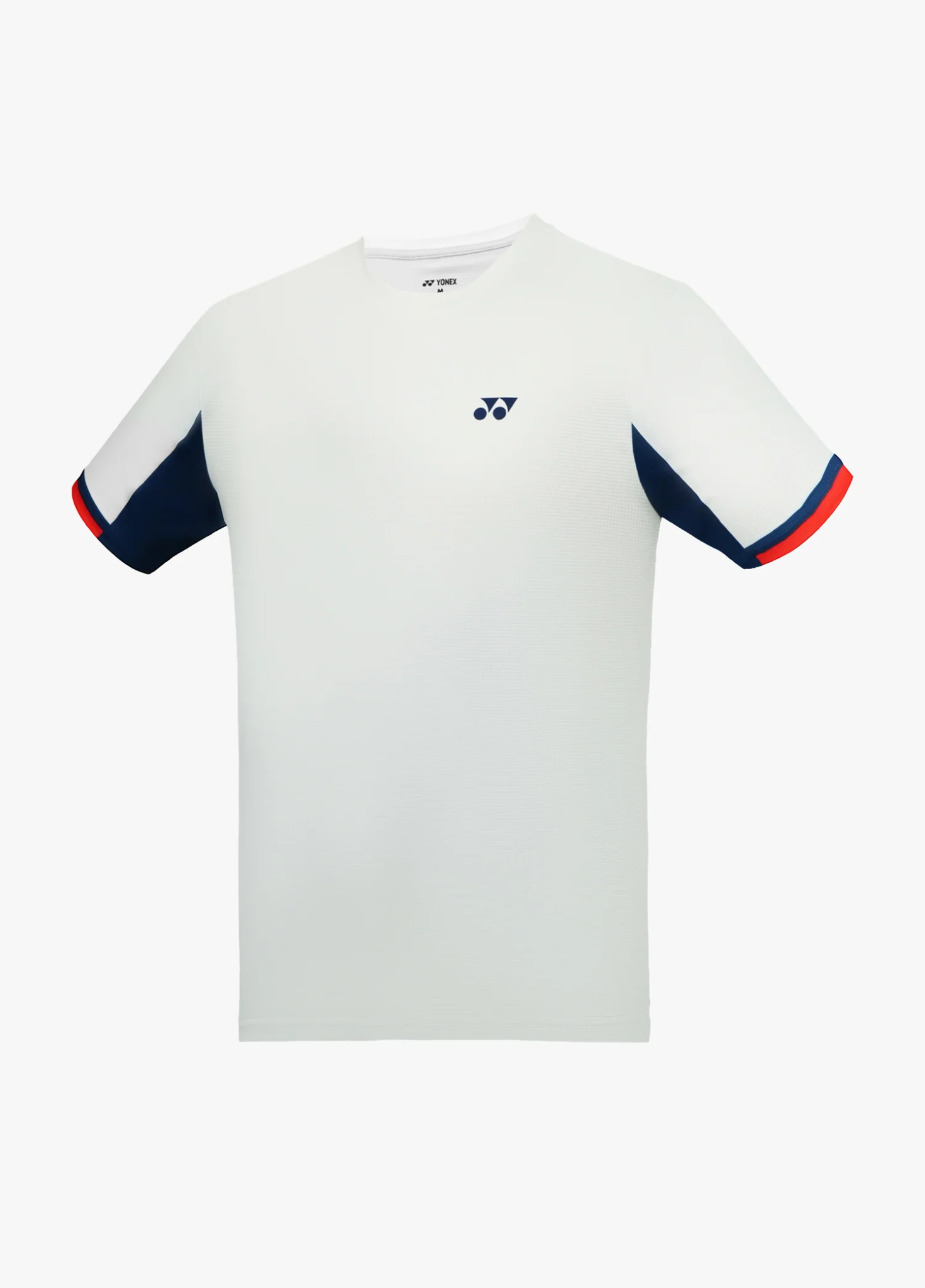 Áo cầu lông Yonex TRM3491 màu trắng, thân trơn cổ tròn, cửa tay phối khối navy và đỏ viền trắng, logo Yonex navy ngực trái
