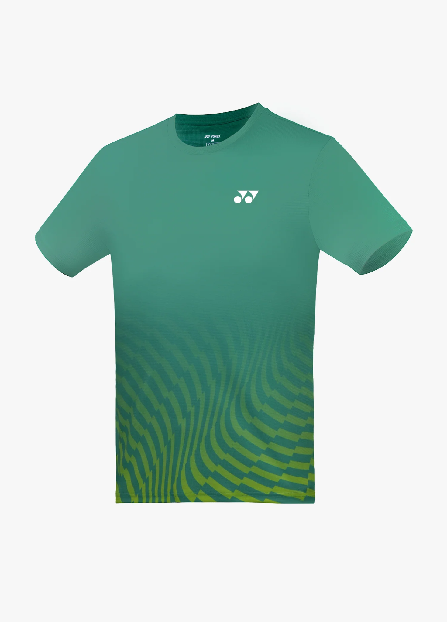 Áo cầu lông Yonex TRM3498 màu xanh lục Winter Green, thân trên trơn, họa tiết vân sóng màu xanh chanh nổi dần từ ngang bụng xuống gấu áo, logo Yonex trắng giữa ngực