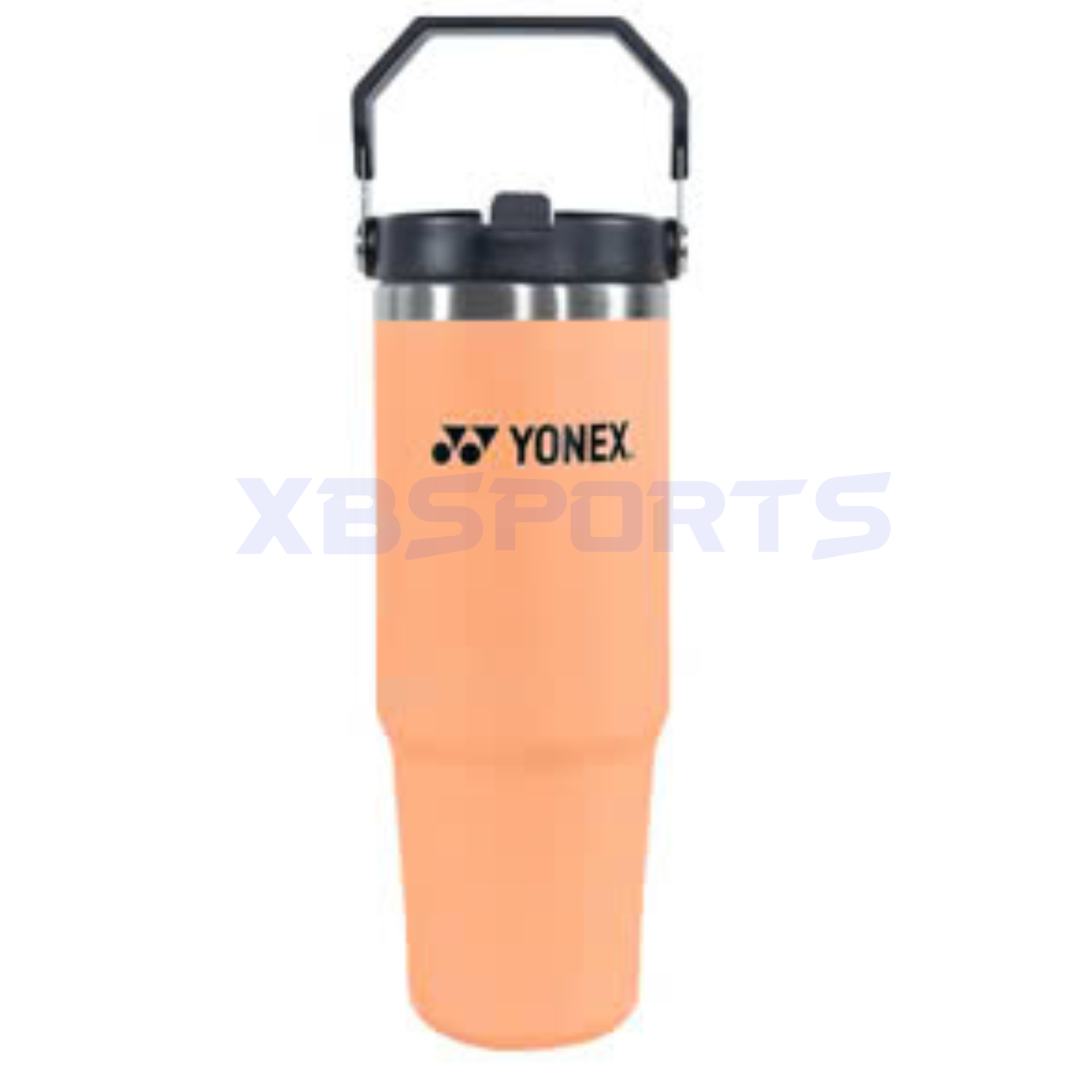 Cận cảnh bình nước giữ nhiệt Yonex TF-Y037-850 màu cam đào, thân thuôn côn xuống đáy, viền inox lộ ở cổ bình, nắp đen có ống hút và quai xách gập
