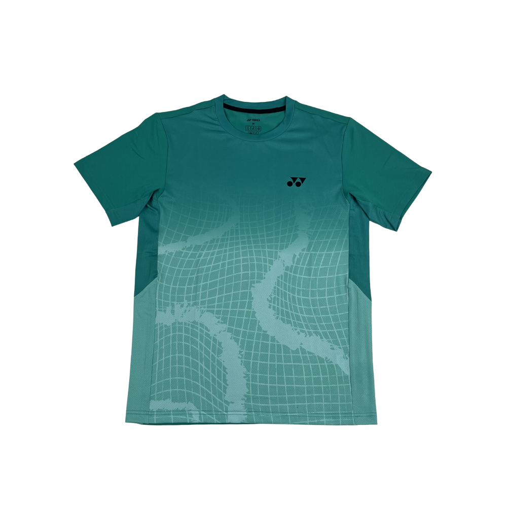 Áo cầu lông Yonex TRM3313 ngắn tay màu Dynasty Green xanh ngọc, họa tiết lưới grid gradient trắng nửa dưới thân, logo Yonex đen