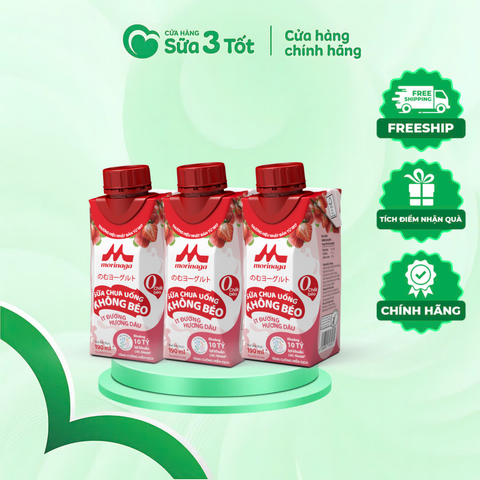 Sữa Chua Uống Không Béo Ít Đường Morinaga Vị Dâu - Lốc 3 Hộp 190ml