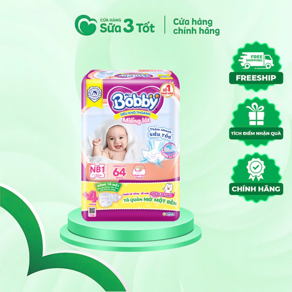 Bỉm Bobby - Miếng Lót - NB1 -64M (< 5Kg)
