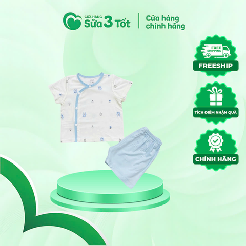 Bộ Sơ Sinh Cài Lệch Ngắn Tay Màu Xanh (6M-9M) - Bolly
