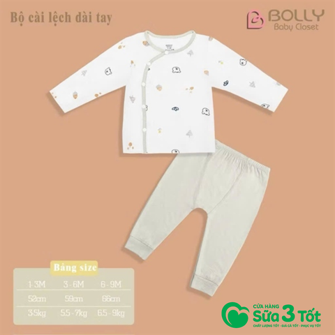 Bộ Sơ Sinh Cài Lệch Dài Tay Màu Ghi (3M-6M) - Bolly