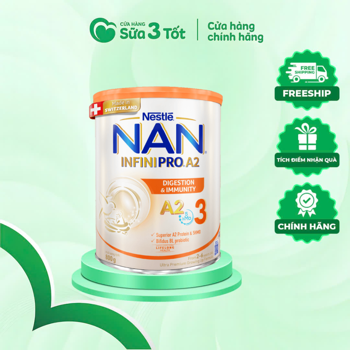Sữa Bột Nan Vàng - Đạm A2 Số 3 (2-6 Tuổi) - 800G