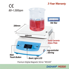 Máy khuấy từ DAIHAN MS500 - mặt gốm thuỷ tinh đặc 200×200 mm, 80~1.500 rpm, khuấy tối đa 20 lít, điều khiển phản hồi kỹ thuật số núm Jog-Dial