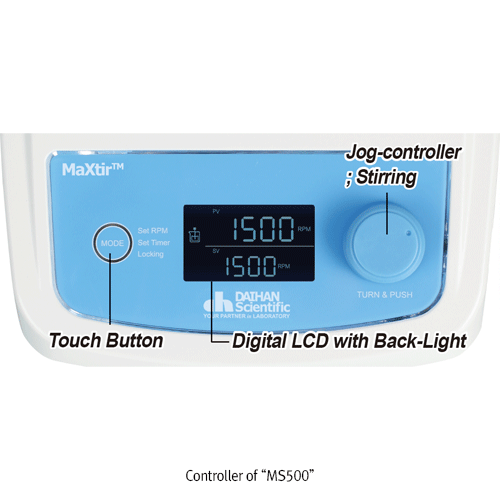 Bảng điều khiển của máy khuấy từ DAIHAN MS500 với màn hình LCD đèn nền, nút cảm ứng và núm Jog-Dial