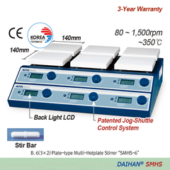Bếp khuấy từ gia nhiệt đa vị trí DAIHAN SMHS - 3 hoặc 6 vị trí, mặt phủ gốm, 80~1.500 rpm, đến 350℃, điều khiển gia nhiệt và khuấy độc lập từng vị trí