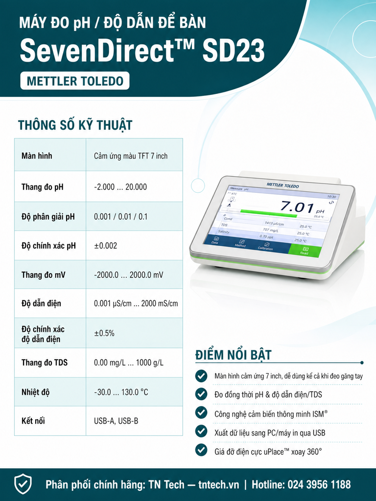 Máy Đo pH/Độ Dẫn Để Bàn Mettler Toledo SevenDirect SD23 Chính Hãng | TN Tech