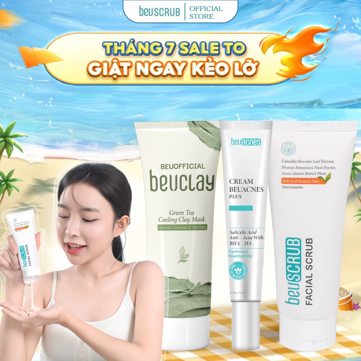  [COMBO ĐẶC BIỆT] 1 BEUSCRUB Tẩy Tế Bào Chết Cho Da Mặt 100g + 1 BEUCLAY Mặt Nạ Đất Sét 70g + Kem Chấm Mụn BEU ACNES PLUS 15g 