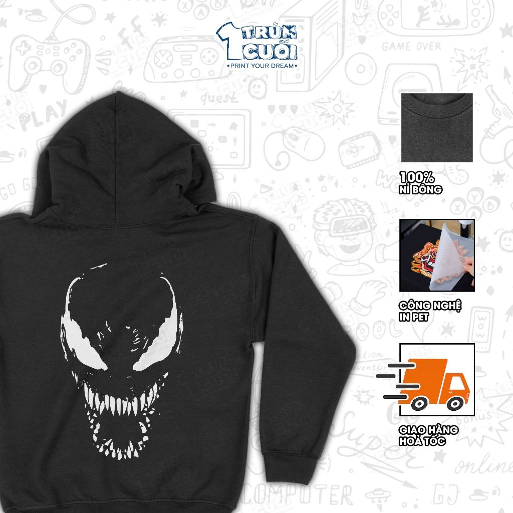  Áo hoodie Venom, Trùm Cuối Marvel, Nỉ Bông 100% Unisex nam nữ 0005 