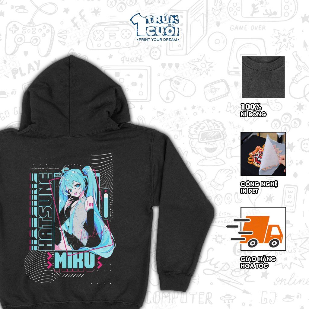  Áo hoodie Hatsune Miku, Trùm Cuối Thần Tượng Âm Nhạc, Nỉ Bông 100% Unisex nam nữ 0535 