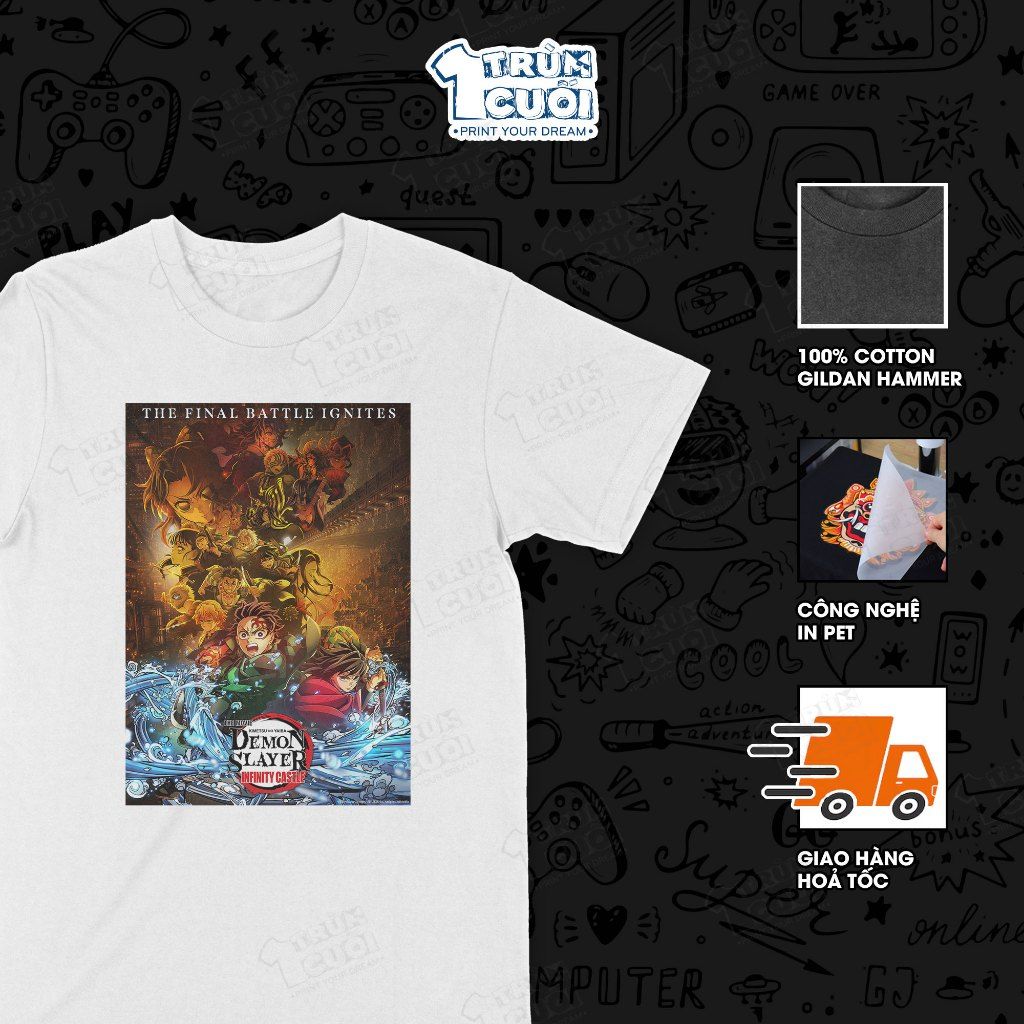  Áo thun Thanh gươm diệt quỷ: Vô hạn thành, Trùm Cuối Anime, Unisex Cotton 100% 4 màu nam nữ 0513 