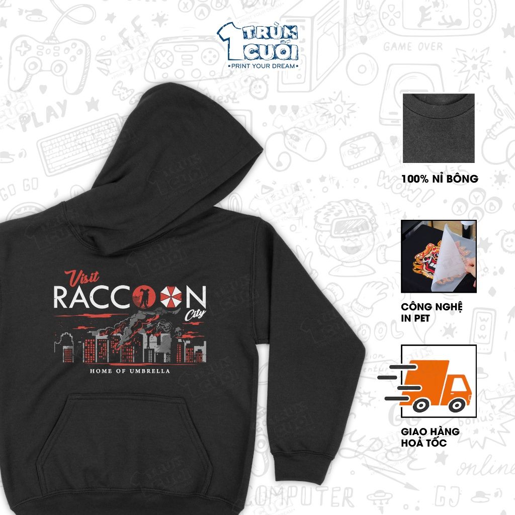  Áo hoodie Raccoon City - Resident Evil, Trùm Cuối Game, Unisex Nỉ bông 100% 2 màu nam nữ 0539 