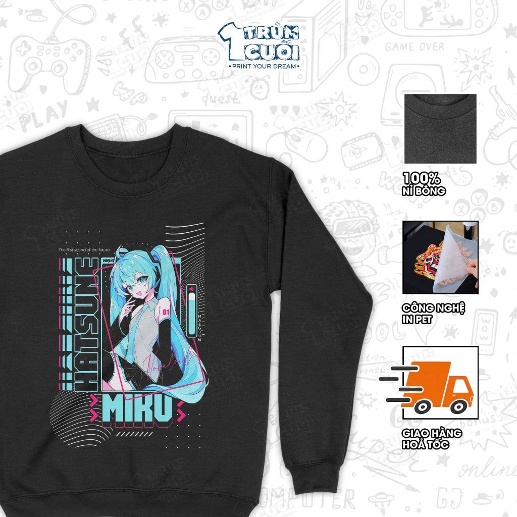  Áo sweater Hatsune Miku, Trùm Cuối Thần Tượng Âm Nhạc, Nỉ Bông 100% Unisex nam nữ 0535 
