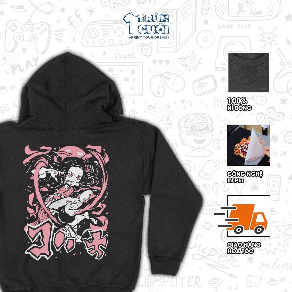  Áo hoodie Kimetsu no Yaiba: Nezuko Kamado, Trùm Cuối Anime, Nỉ Bông 100% Unisex nam nữ 0011 
