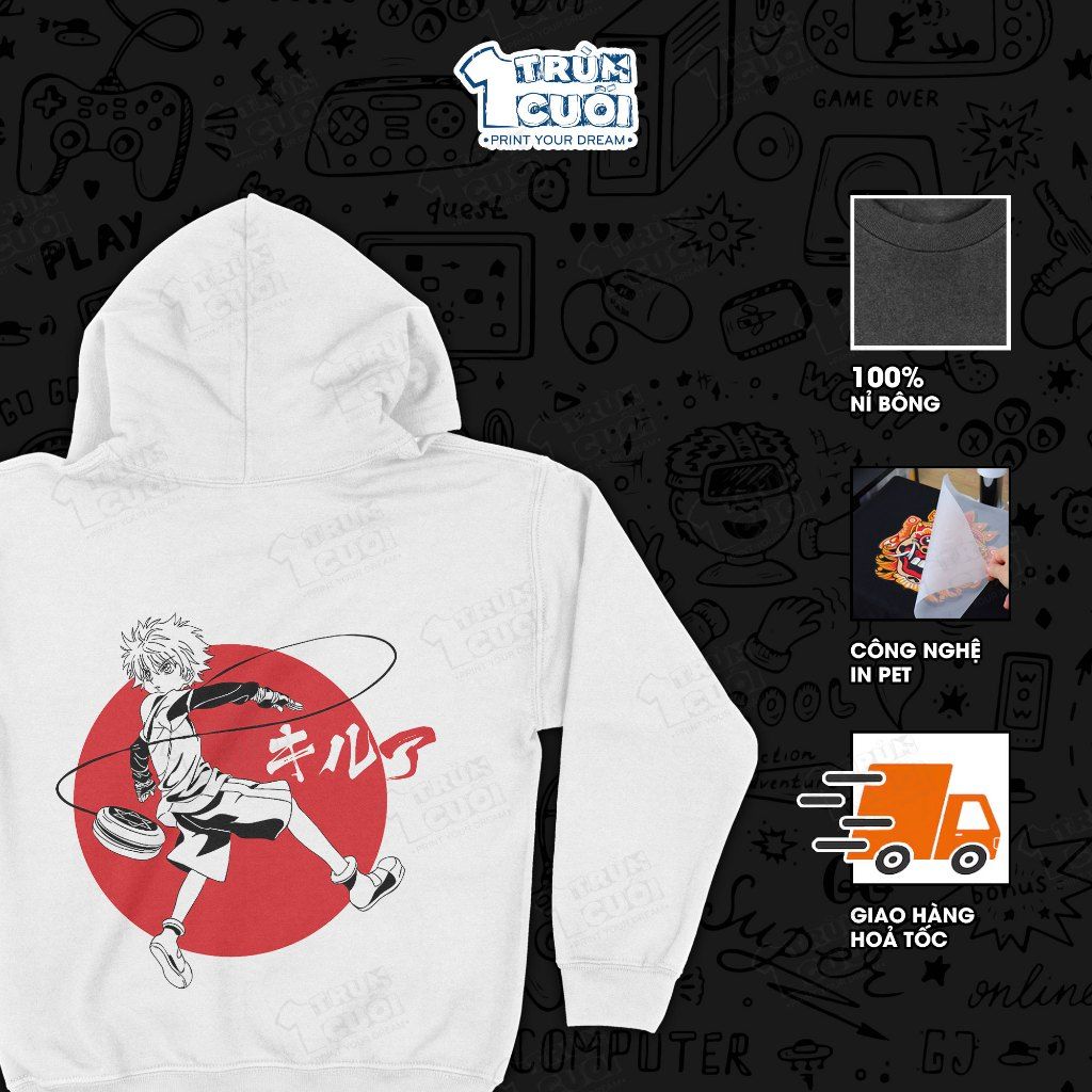  Áo hoodie Hunter × Hunter: Killua Zoldyck, Trùm Cuối Anime, Nỉ Bông 100% Unisex nam nữ 0003 