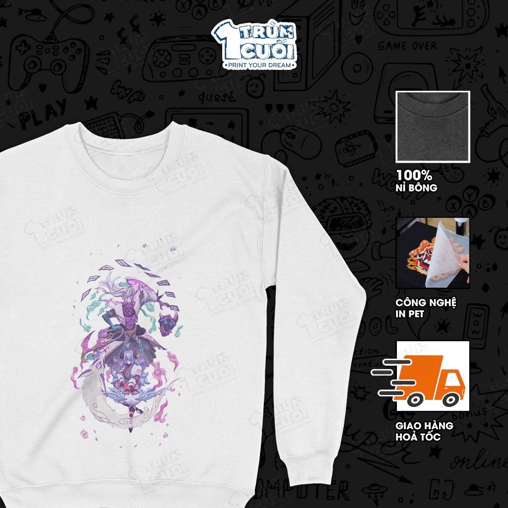  Áo sweater BST Hoa Linh Lục Địa - Liên Minh Huyền Thoại, Trùm Cuối Game, Unisex Nỉ bông 100% 2 màu nam nữ 