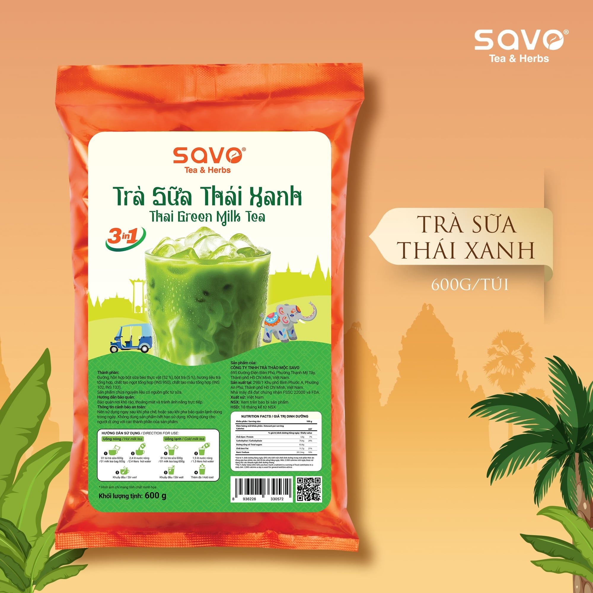  SAVO Trà sữa Thái Xanh (Túi 600g) 